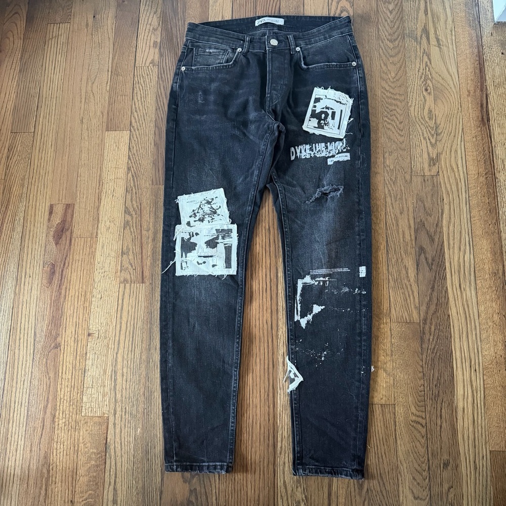 Zara Black Jeans Distressed Patches Faded Pants Skinny Fit Denim Size 31